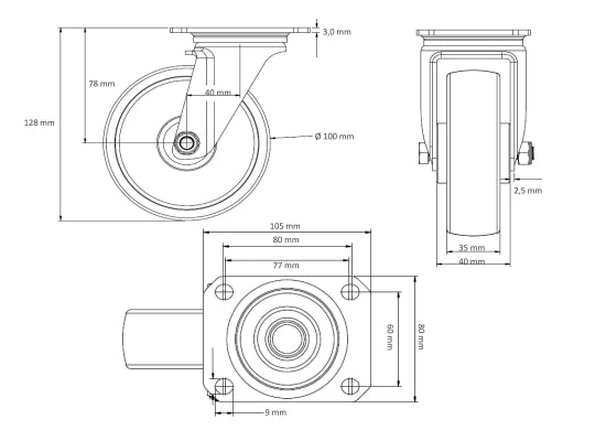 SweetPro LR-100 SW-UG Lenkrolle (Black Wheel)